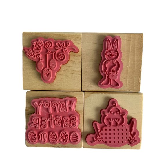 NWT Easter Rubber Stamp Set Bunny Egg Chick Happy Wood Craft smart - Picture 2 of 3
